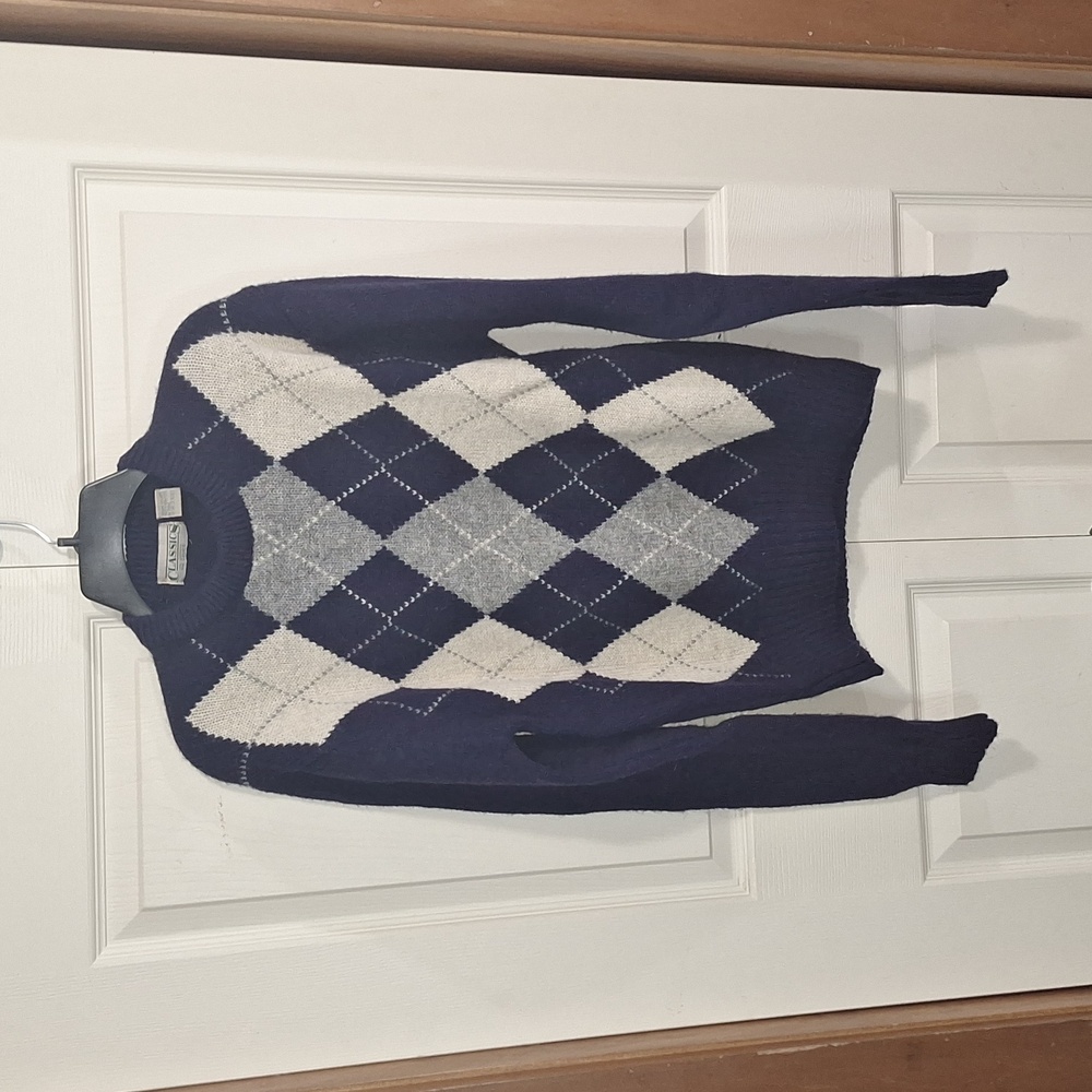 Vintage Classics Sears 100% Shetland wool Argyle sweater - M - navy blue/tan